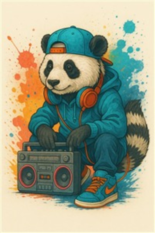 Hip Hop Panda med Boombox - Oplev den livlige atmosfære med vores Hip Hop Panda! Denne farverige illustration bringer sjov og stil ind i dit rum med en hip panda i trendy streetwear, der leverer groove med sin boombox.
