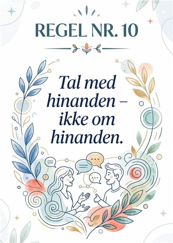 Regel nr. 10: Tal Med Hinanden – Ikke Om Hinanden - Denne inspirerende plakat minder os om værdien af ægte kommunikation. Designet med bløde farver og en indbydende illustration vil den bringe varme og eftertænksomhed ind i dit hjem.