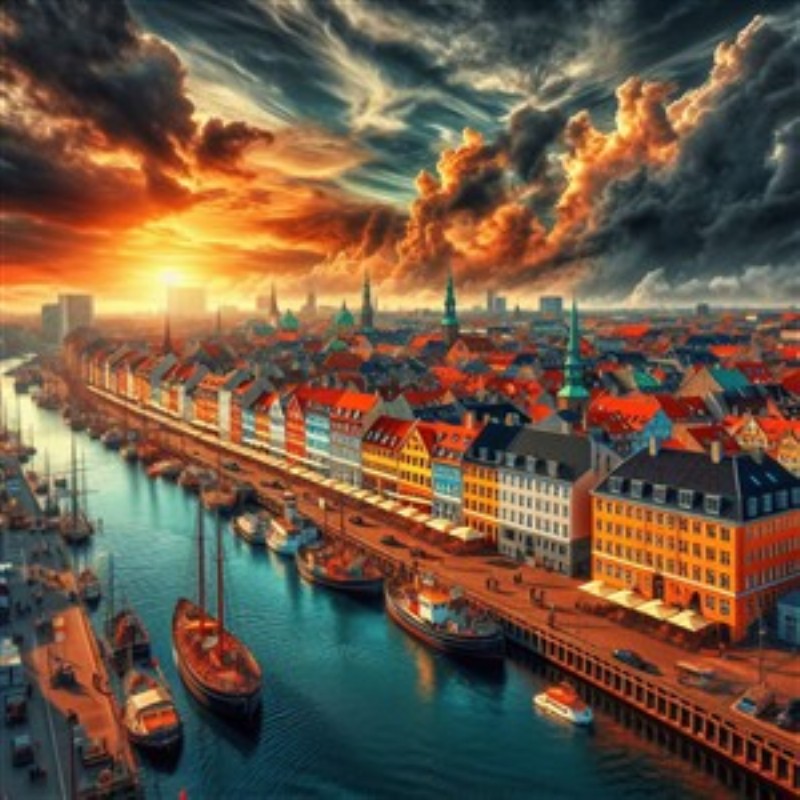 Dramatisk solnedgang over Københavns havn - Oplev den fantastiske skønhed ved solnedgangen over Københavns havn, hvor farverige bygninger og dramatiske skyer skaber en uforglemmelig stemning. Dette kunstværk vil bringe liv og energi til dit hjem.
