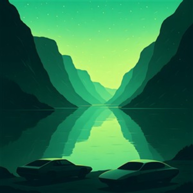 Drømmede Grønne Bjerge og Rolig Refleksion - Oplev det stiliserede landskab med smukke grønne bjerge og en rolig sø, der spejler naturens skønhed. Denne illustration bringer en beroligende atmosfære ind i dit hjem og indbyder til eftertænksomhed.