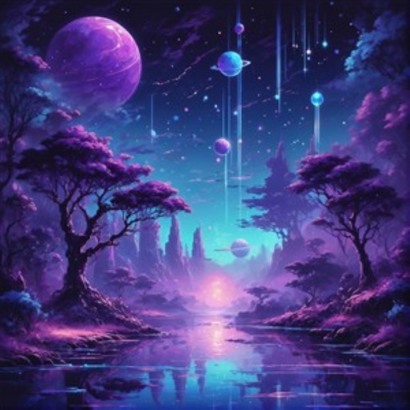 Surrealistisk Univers med Farverige Planeter - Oplev en drømmeagtig naturscene med betagende farver og svævende planeter. Dette kunstværk skaber en magisk atmosfære, perfekt til at inspirere fantasi og undren i ethvert rum.