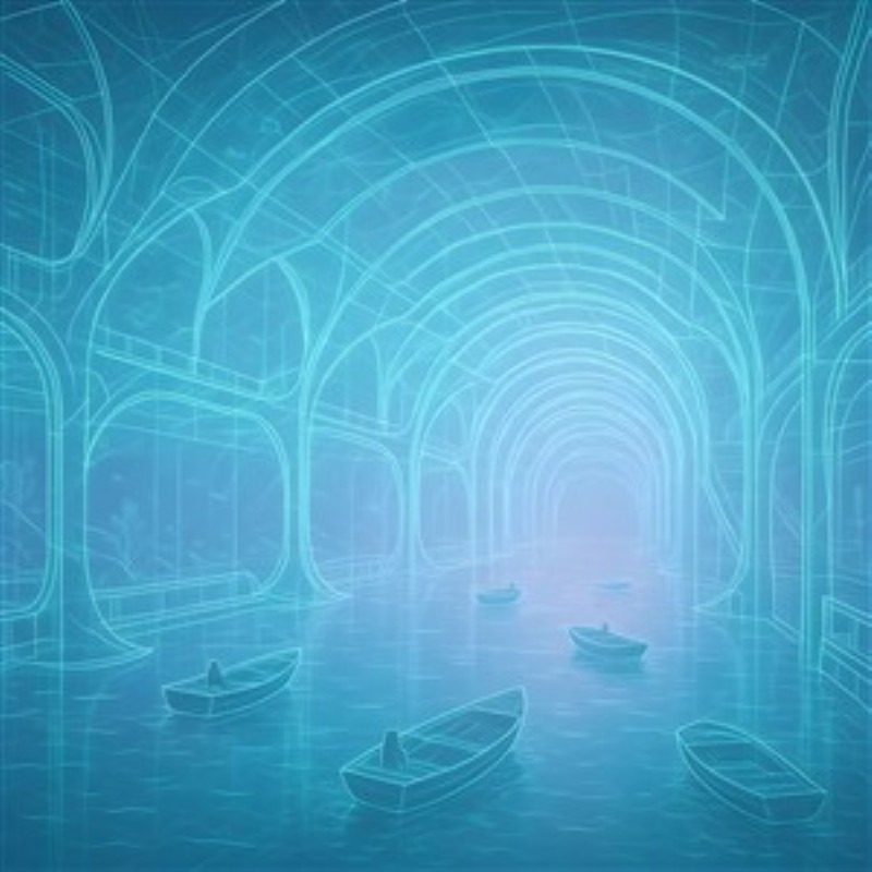 Futuristisk Kanal med Lysende Både - Oplev en drømmende futuristisk kanal, hvor bløde nuancer og geometriske former skaber en beroligende atmosfære. De lette både svæver på det stille vand, der indbyder til refleksion og ro.