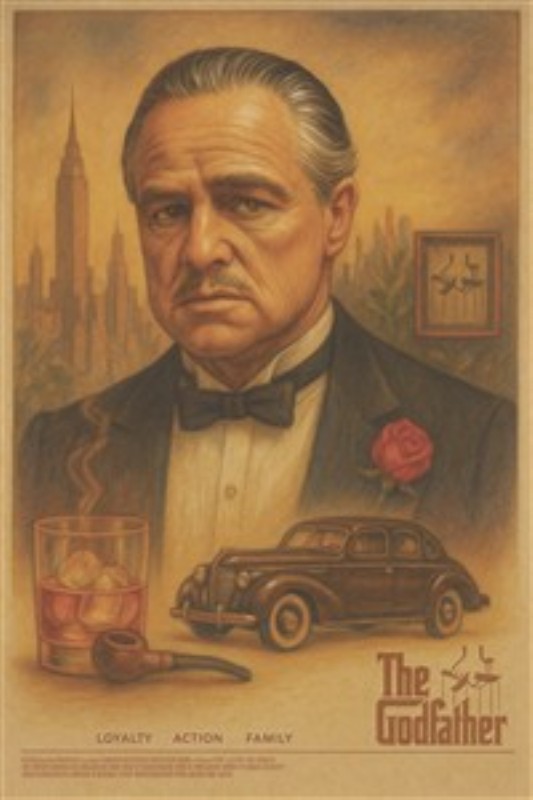 The Godfather - Tidløse Filmplakat - Oplev magien fra klassikeren 'The Godfather' med denne fantastiske plakat, der fanger filmens dybe temaer af loyalitet, magt og familie. Den elegante mand i smoking og den karakteristiske røde rose tilføjer et strejf af urokkelig charme til dit hjem.