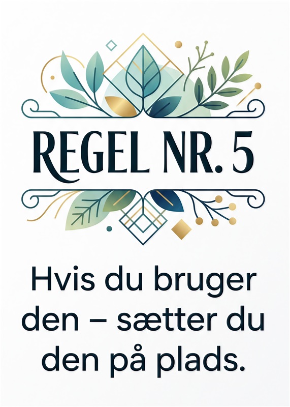 Regel nr. 5: Skab Plads til Det Vigtige - Inspirer dit hjem med denne elegante plakat, der minder os om værdien af orden. Det skandinaviske design med grønne og gyldne toner bringer et friskt pust til enhver væg. Perfekt til stuen eller kontoret, hvor du søger at skabe balance og harmoni.