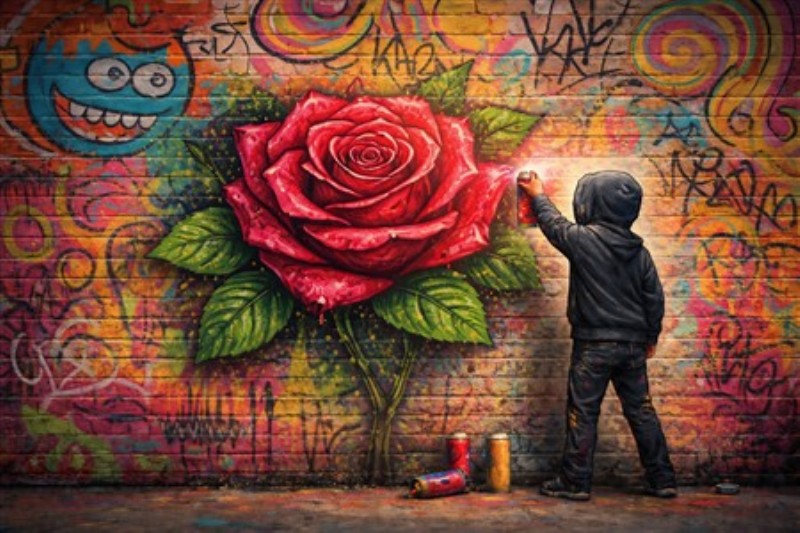 Farverig Graffiti: Dreng Maler en Rød Rose - Oplev det livlige vægmaleri, hvor en dreng bringer en stor rød rose til live på en farverig graffiti-væg. Denne kunstværk fanger ungdommelig kreativitet og byens puls, perfekt til at tilføje karakter til dit hjem.
