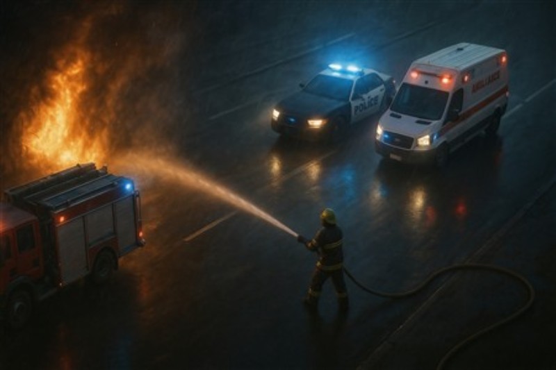 Modig Brandmand i Natten - Oplev det heroiske øjeblik, hvor brandmanden bekæmper flammerne i mørket, mens utryghed hersker. Dette stoflige billede fanger intensiteten af deres mod og samhørighed i redningsarbejde.