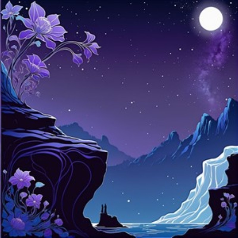 Stjernefyldt Nat med Bjerge og Blomster - Oplev den magiske atmosfære med en stjernefyldt nattehimmel, der lyser op over majestætiske bjerge og frodige blomster. Denne illustration skaber en drømmende stemning, ideel til at bringe ro og skønhed ind i dit rum.