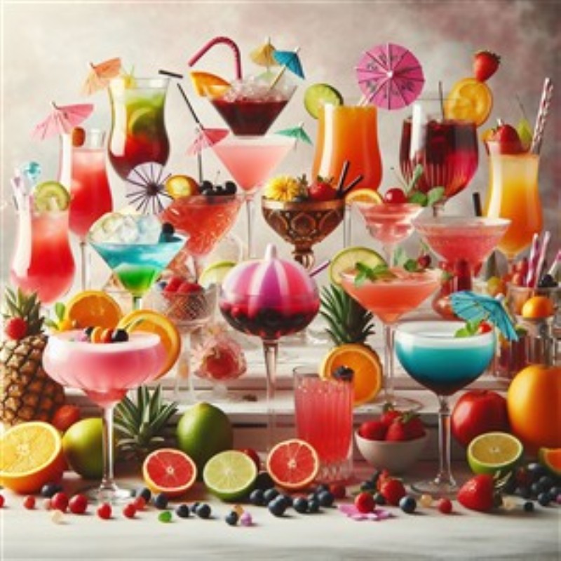 Farverig Cocktailfest med Friske Frugter - Oplev en festlig samling af farverige cocktails, der prydes af friske frugter og sjove dekorationer. Denne livlige illustration skaber en varm og indbydende atmosfære, perfekt til at fejre enhver anledning.