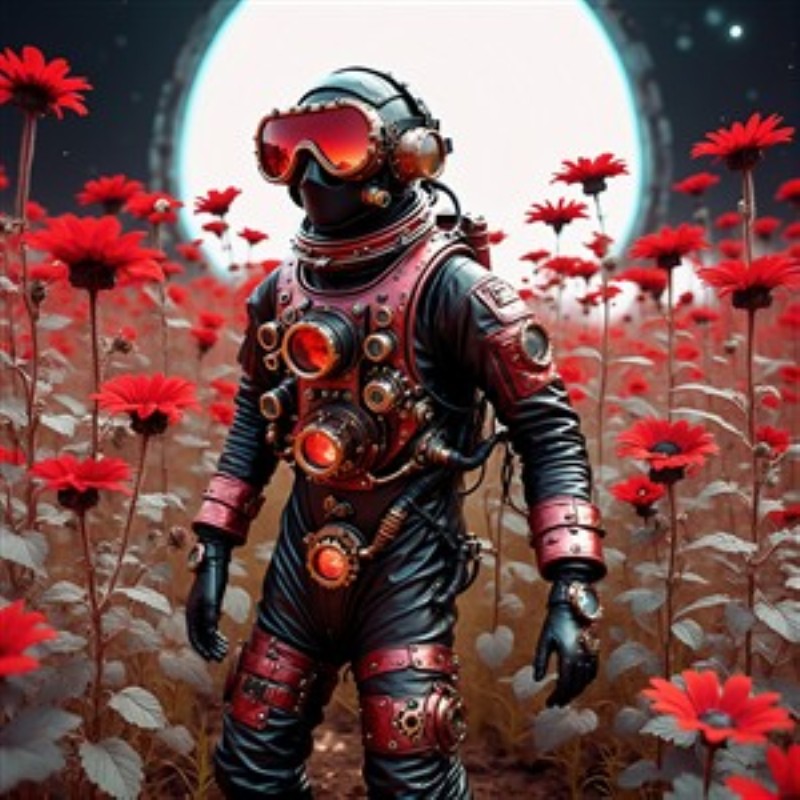 Astronaut i Røde Blomsterdrømme - Oplev en magisk verden, hvor det uventede mødes med det smukke. En astronaut i en detaljeret rumdragt står majestætisk blandt flammende røde blomster, der skaber en surrealistisk atmosfære. Perfekt til at tilføje et drømmende præg til dit rum.