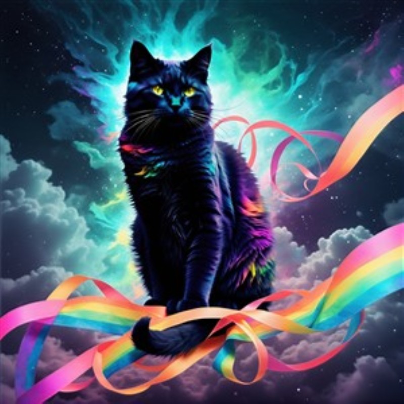 Neonkat i Stjernehimmel - Oplev magien med denne fortryllende illustration af en sort kat med lysende øjne, der sidder majestætisk blandt farverige bånd og en stjerneklar himmel. Denne kunst vil give dit rum en drømmende og livlig atmosfære.