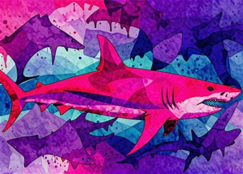 Farverig Abstrakt Haj Kunst - Oplev en dynamisk illustration af en strålende pink haj, der svømmer gennem et farvespirende hav af mørke silhuetter. Perfekt til at tilføje et livligt touch til ethvert rum og skabe en unik atmosfære.