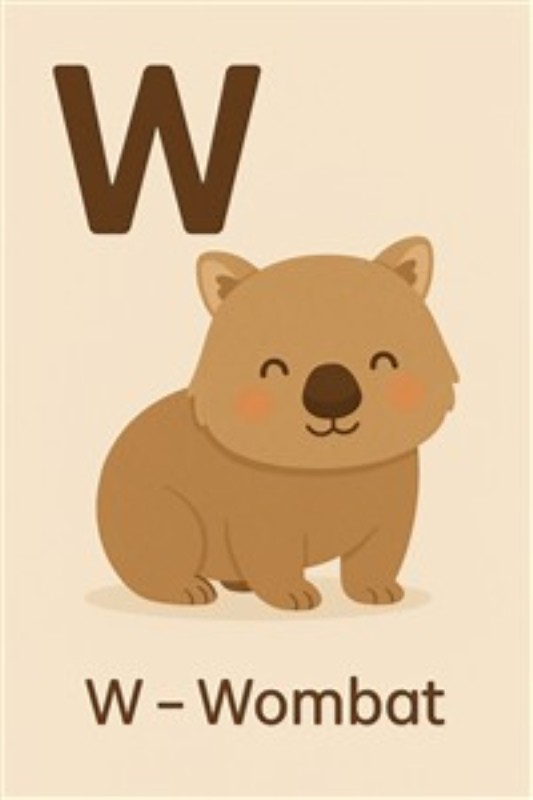 Sød Wombat Illustration til Børneværelset - Denne farverige illustration af en glad wombat med bogstavet W tilføjer liv og charme til ethvert børneværelse. Perfekt til at inspirere nysgerrighed blandt de små og skabe en hyggelig atmosfære.