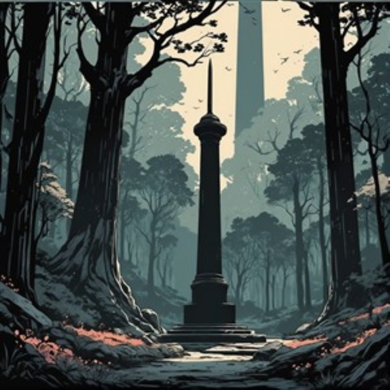 Fortryllende Monument i Tågeskoven - Oplev det mystiske monument, der rejser sig majestætisk blandt de højeste træer i en drømmende tågeskov. Denne stiliserede kunstvæg tilføjer en atmosfære af ro og mystik til dit hjem.