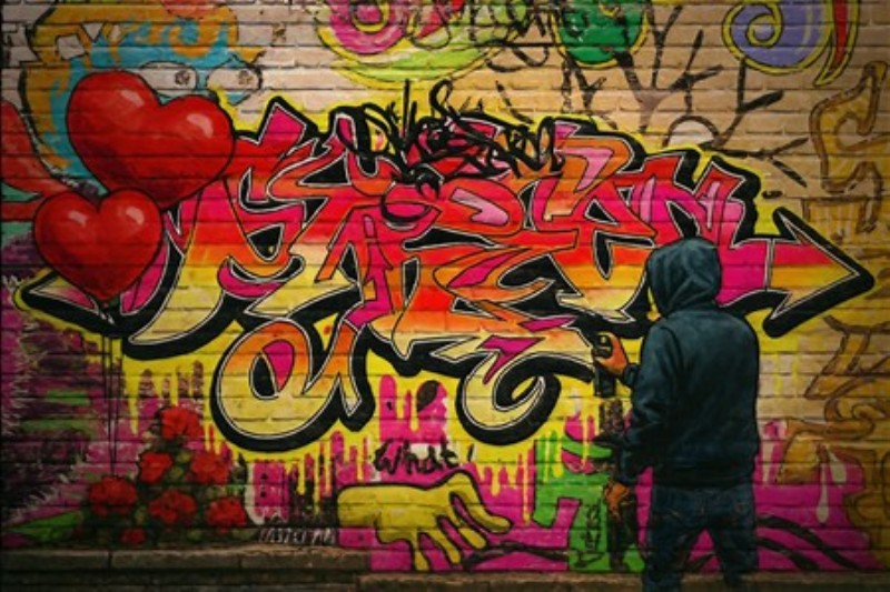 Farverig Graffiti med Hjerter og Energi - Oplev den livlige stemning fra denne farverige graffiti, hvor hjerter og blomster sprænger frem fra væggen. Perfekt til at tilføje et strejf af urban stil og personlighed til dit hjem.