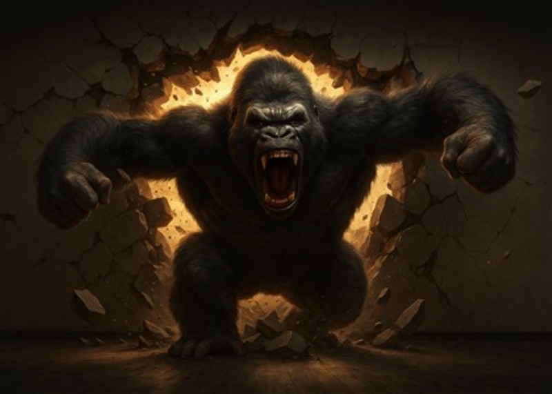 Mægtig gorilla i aktion! - Oplev den intense energi fra en kæmpe gorilla, der bryder gennem muren med en brølende kraft. Dette dramatisk motiv, omgivet af flammer, bringer liv og vildskab ind i ethvert rum.