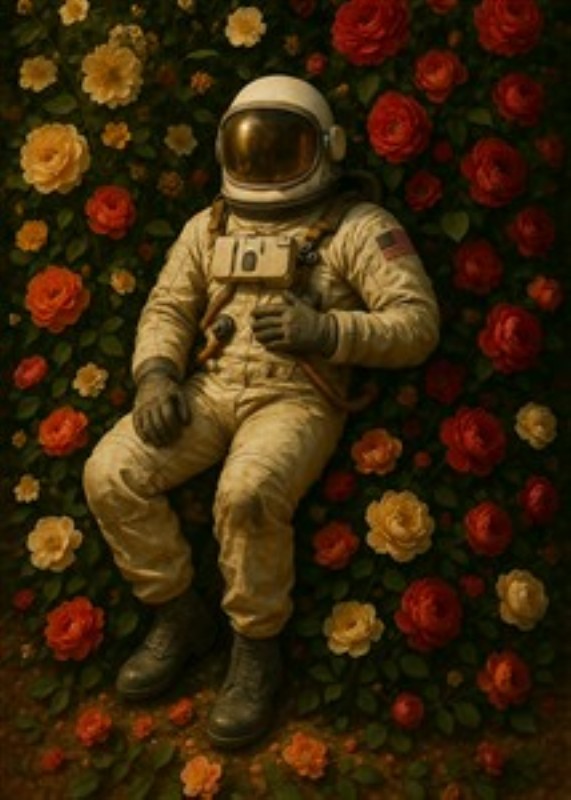 Astronaut i Rosernes Drøm - Oplev den fantastiske kontrast mellem rummet og naturen i dette betagende kunstværk. Den drømmende kombination af en astronaut og farverige roser skaber en unik atmosfære, der tilføjer liv og fantasi til ethvert rum.