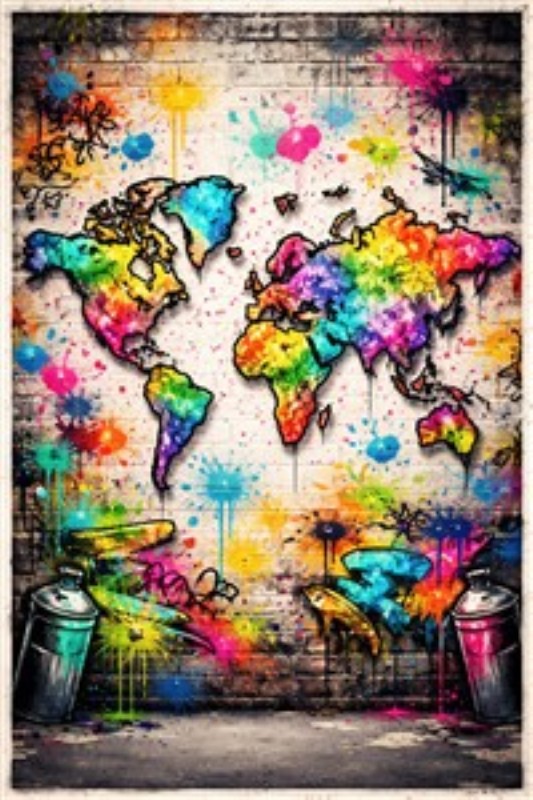 Farverigt Verdenskort i Graffiti Kunst - Oplev et livligt verdenskort, der sprudler af farver og kreativitet, malet med spraymaling. Dette kunstværk bringer en ungdommelig og energisk atmosfære ind i dit rum, perfekt til dem, der drømmer om eventyr.