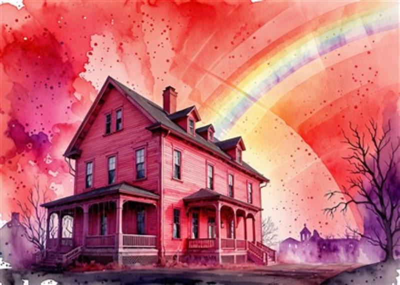 Regnbueoverdraget Hus med Dramatisk Baggrund - Oplev det farverige syn af et gammelt, pink hus oplyst af en strålende regnbue. Den intense røde baggrund tilføjer en dramatisk flair, der skaber en stemning af både magi og nostalgi i dit hjem.