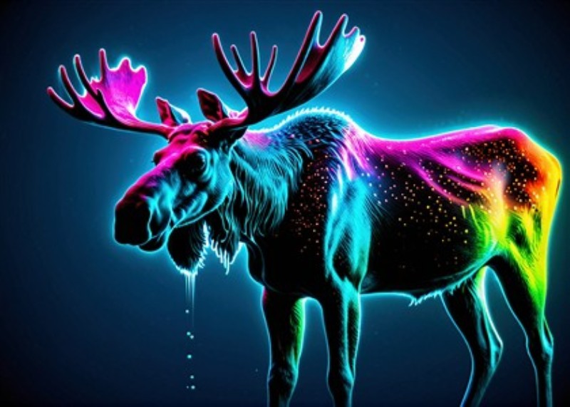 Neonfarvet Elg med Dramatisk Stil - Oplev den betagende skønhed af en neonfarvet elg, der lyser op i ethvert rum. Den dynamiske komposition og de livlige farver skaber en unik atmosfære og tilføjer et moderne touch til din indretning.
