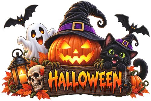 Halloween-græskar med kat og spøgelser