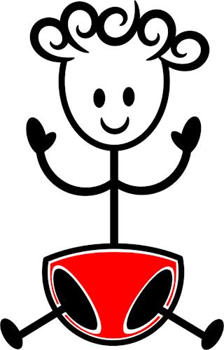 Rød rumvæsen logo med stiliseret ansigt