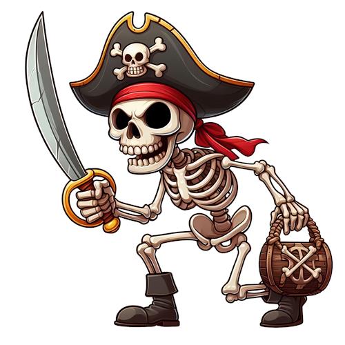 Skeletpirat med sværd og skattekiste
