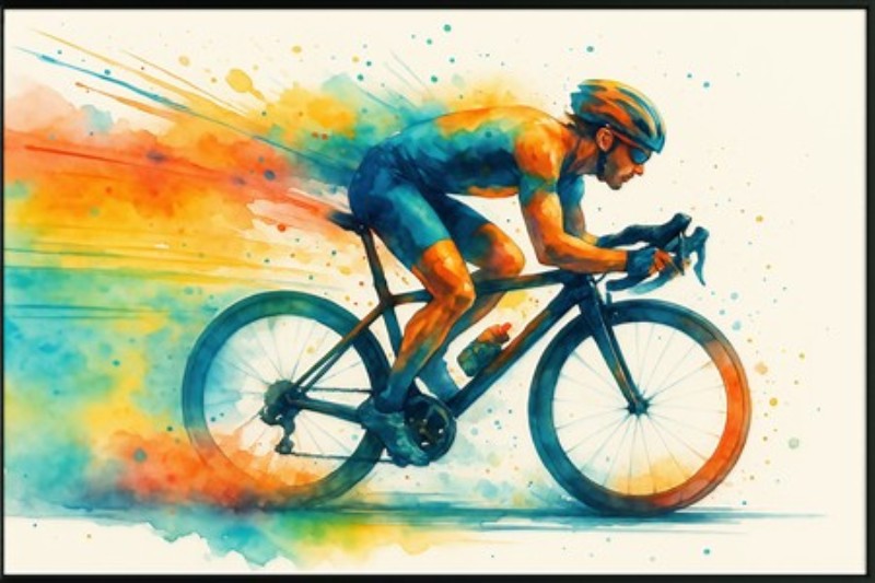 Energi og Farver: Cyklist i Fart - Oplev den eksplosive energi af cykling med denne levende akvarelillustration. Den dynamiske cyklist i bevægelse omgivet af farverige sprøjt skaber en inspirerende atmosfære, perfekt til sportsentusiaster og kunstelskere.