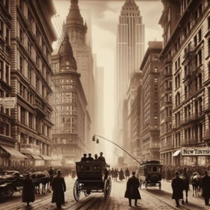 Tidens Rester i New Yorks Hjerte - Oplev den historiske atmosfære fra New Yorks gader i dette smukke sepia-tonede billede. En rejse tilbage til en tid med hestevogne og storslåede bygninger, der fanger byens puls og charme.