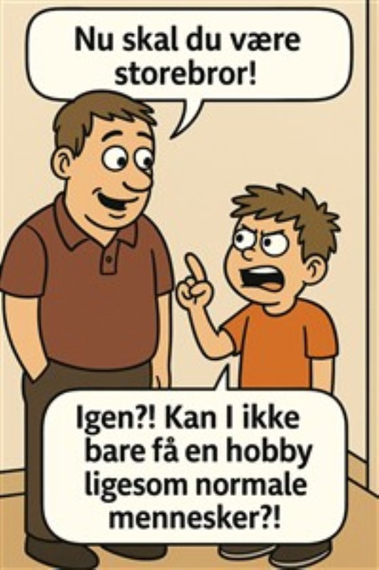 Storebrorskampe og Familieliv - Oplev kampen om at være storebror gennem humor og frustration! Denne illustration indfanger det sjove øjeblik mellem en far og hans søn, der kæmper med storebror-rollen. Perfekt til at tilføje et smil i hjemmet.