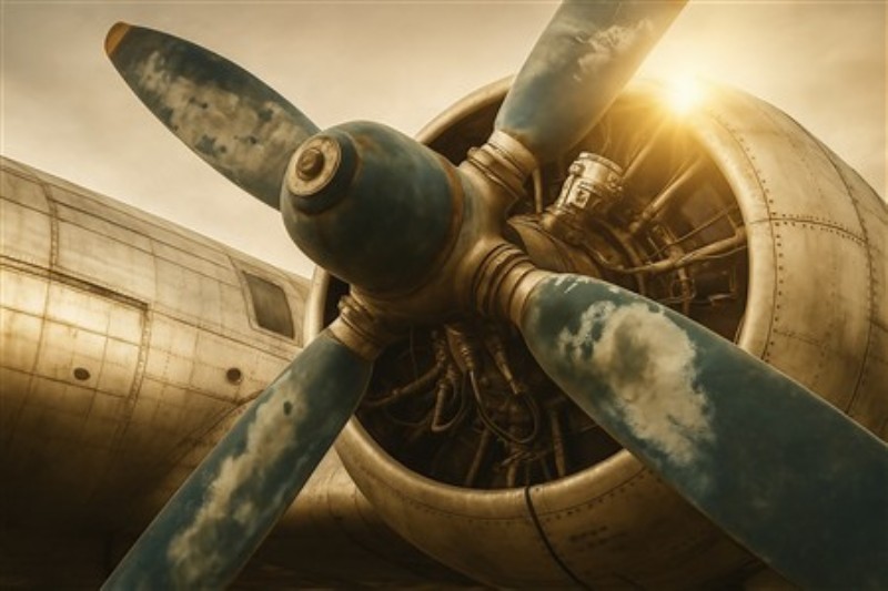 Vintage Flymotor i Garmt Lys - Oplev skønheden i denne vintage flymotor, fremhævet af de gyldne solstråler, der kaster et varmt skær over dens slidte propeller. Dette nærbillede fanger essensen af nostalgi og eventyr, perfekt til enhver luftfartsentusiast.