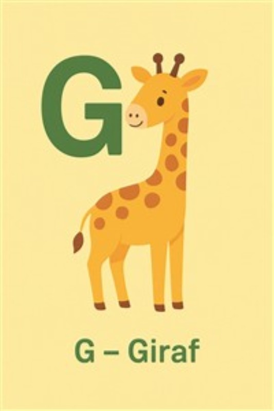 G for Giraf: Sjov Læring til Børn - Denne farverige illustration af en giraf med bogstavet G inviterer børn til en sjov læringsrejse, hvor de opdager dyrenes verden. Perfekt til at inspirere nysgerrighed og kreativitet i børneværelset.