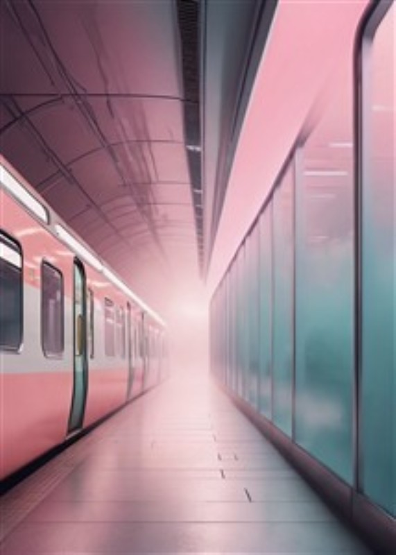 Futuristisk Drømmetogstation i Pastelnuancer - Oplev den fortryllende atmosfære i en futuristisk togsstation, hvor tåge og lyserøde nuancer smelter sammen og skaber en drømmeagtig stemning. Dette unikke kunstværk tilføjer et strejf af magi til dit rum.