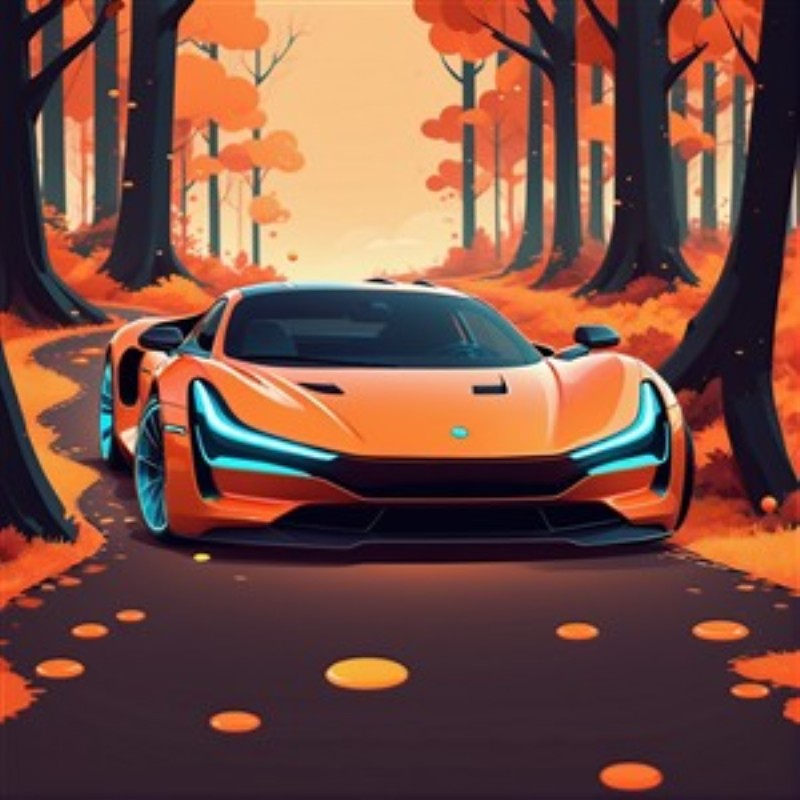 Futuristisk sportsvogn i efterårsdrømme - Oplev den stiliserede orange sportsvogn, der elegant svæver gennem et farverigt efterårslandskab. Denne livlige illustration fanger essensen af skønheden i naturen, mens den futuristiske bil spejler dynamikken i moderne design.