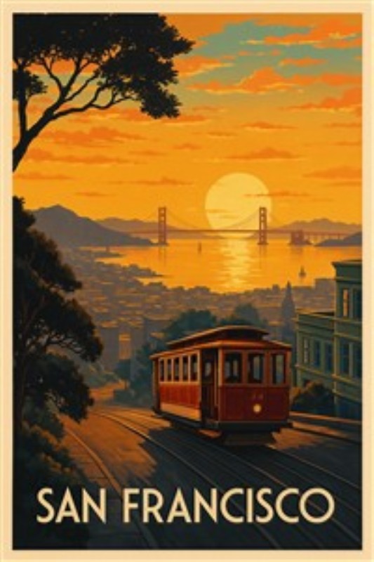 Solnedgang og Kabelvogne i San Francisco - Oplev den betagende skønhed af San Francisco med denne kunstneriske plakat, der fanger en glorværdig solnedgang og den ikoniske kabelvogn. Perfekt til at bringe varme og charme ind i dit hjem.