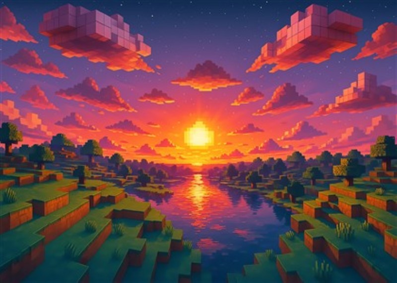 Magisk solnedgang i pixelverden - Oplev den fantastiske skønhed i en solnedgang, der maler himlen i dybe farver over det pixelerede landskab. Den spejlende sø fanger lyset og skaber en drømmeagtig atmosfære, perfekt til ethvert værelse.