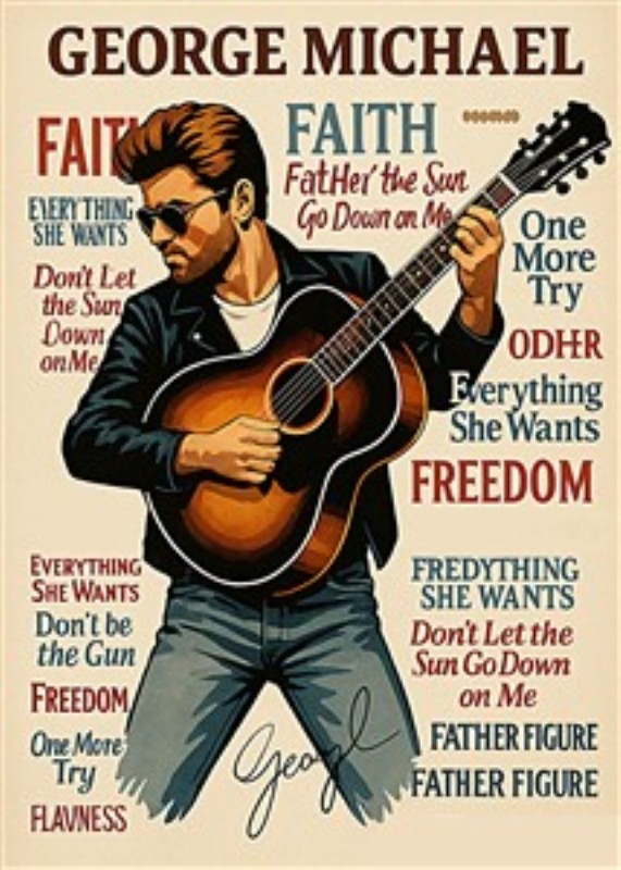George Michael: Musikkens Legende - Dybt inspirerende illustration af George Michael med guitar, omkranset af titler på hans mest ikoniske sange. Dette kunstværk fanger essensen af hans musik og karisma, perfekt til enhver musikelskers væg.